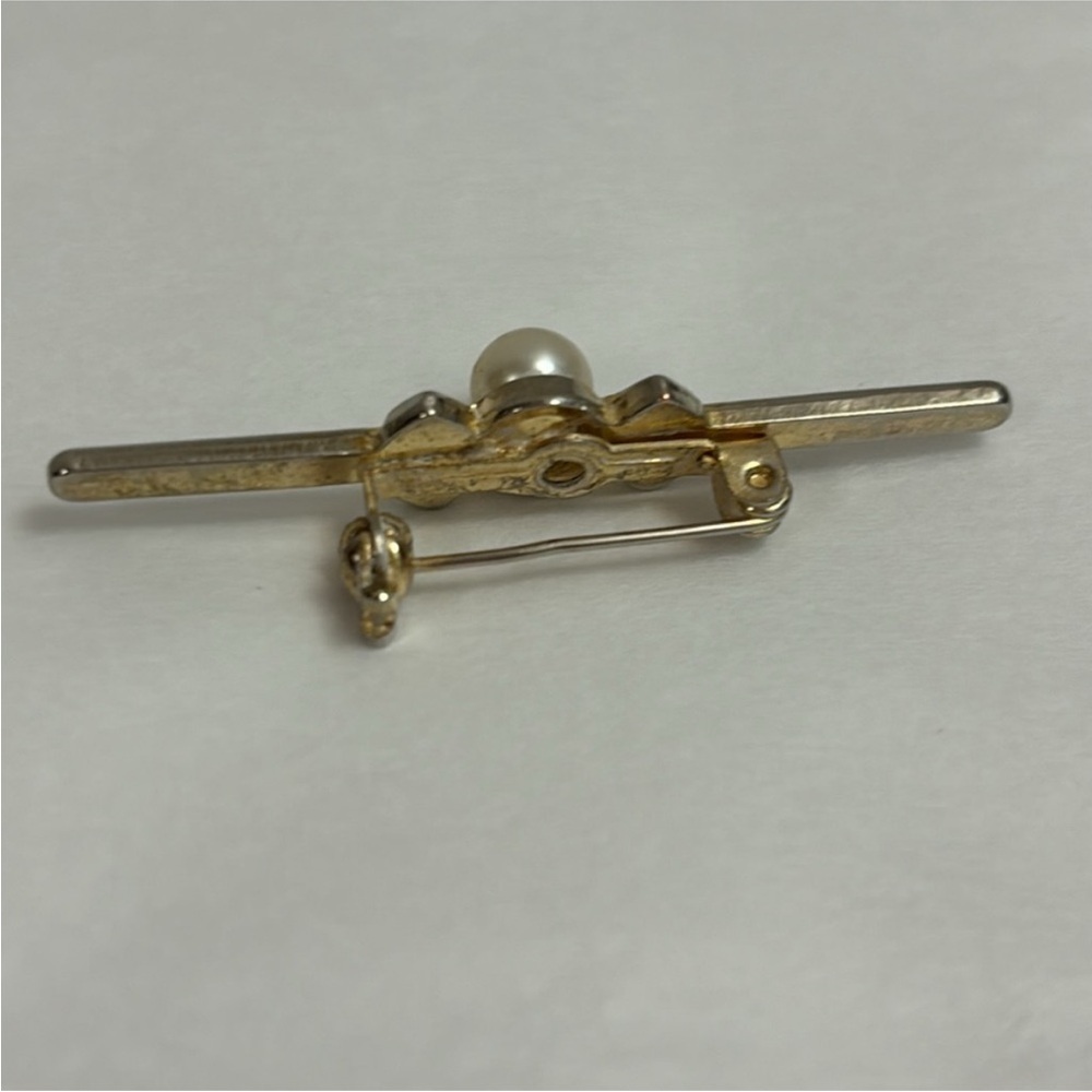 Vintage Faux pearl brooch art nouveau pin gold tone bar design black enamel - Picture 6 of 10